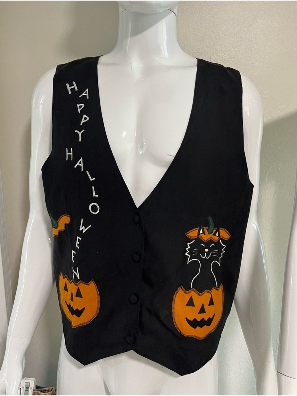 Vintage Happy Halloween Black Cat and Jack O Lantern Vest.